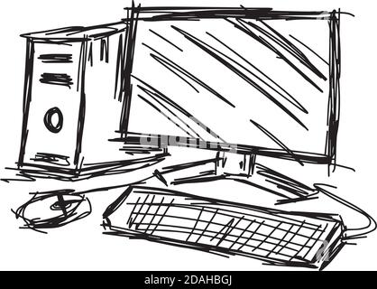 Vintage Hand Drawn Personal Computer With Keyboard. Old classic pc with ...