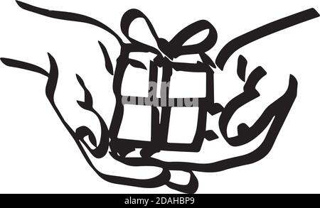 illustration vector doodle hand drawn of sketch hand of person giving or receiving gift package. Thick lines. Stock Vector