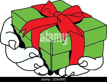 illustration vector doodle hand drawn of  hand of person giving or receiving green gift package with red ribbon, isolated on white background. Stock Vector