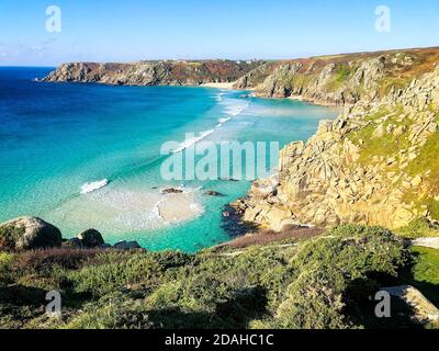 Porthcurno and Minack Theatre from Logan's Rock, Cornwall, England, UK. Stock Photo