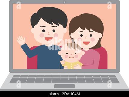 Parents and a baby having a video call on laptop computer. Vector illustration isolated on white background. Stock Vector