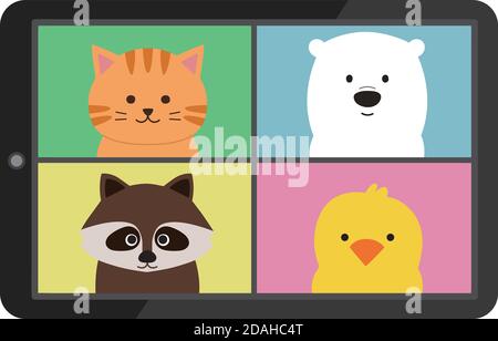Online meeting of animals on tablet or smartphone. Vector illustration isolated on white background. Stock Vector