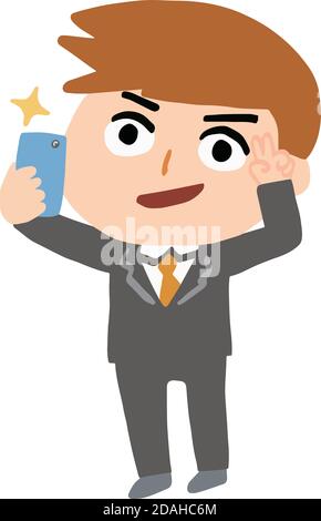 Funny cartoon office worker taking a selfie. Vector illustration isolated on white background. Stock Vector