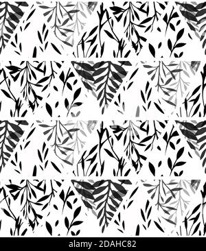 Black and white geometric natural pattern. Silhouette of fern, leaves, twig and grass in triangles on a white background. Vector natural texture for f Stock Vector