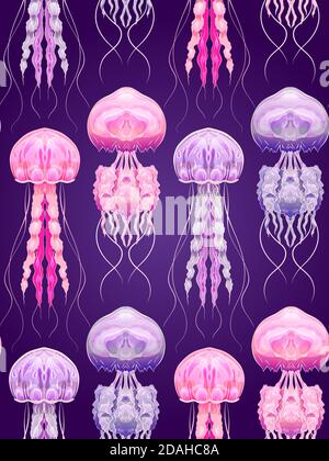 Neon cartoon pattern fluorescent jellyfish on a purple background. Underwater sea world. Ocean dwellers. Vector texture for fabrics, wallpapers and yo Stock Vector