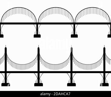 Set of various seamless black silhouette bridges on columns. City communications. The intersection of rivers and ravines. Vector object for icons, log Stock Vector