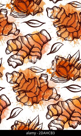 Seamless texture of sketch of ginger root, foliage with strokes and watercolor splashes on a white background. Healthy food. Vector engraving pattern Stock Vector