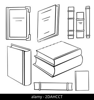 Set of contour different books in various forms. Stacks and spines of books and notebooks. Knowledge and study. Vector objects for icons, logos, color Stock Vector