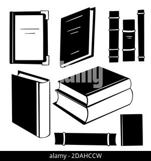 Set of black silhouette different books in various forms. Stacks and spines of books and notebooks. Knowledge and study. Vector objects for icons, log Stock Vector