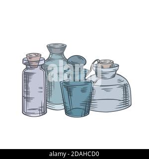 Natural medicine and medicine. Perfumes and potions. Colorful sketch of small bottles, flasks on a white background. Vector object for recipes, banner Stock Vector