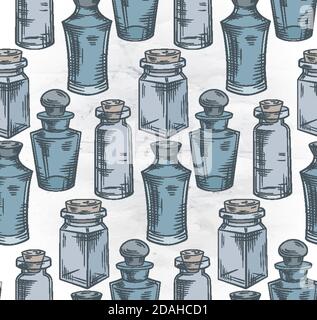 Seamless texture with colorful sketch bottles, flasks and jars on old paper background. Magical pharmacy objects. Vector engraving pattern for fabrics Stock Vector