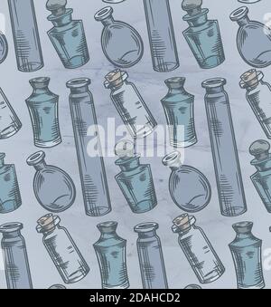 Seamless texture with colorful sketch bottles, flasks and jars on old paper background. Magical pharmacy objects. Vector engraving pattern for fabrics Stock Vector