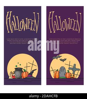 Set of vertical holiday banners for Halloween with illustration and lettering. Cartoon witch cauldrons, hats, tombstone, pumpkins on the background of Stock Vector