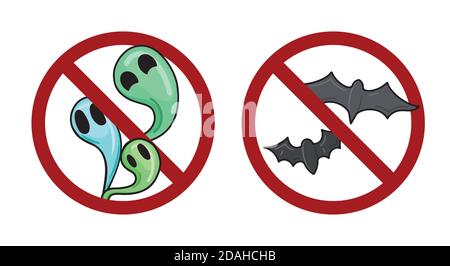 Set of bats and ghost in prohibition signs. Ban on Halloween. Prohibition of witchcraft. Vector holiday badges for labels, logos, banners and your des Stock Vector
