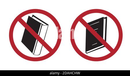 Set of black silhouettes of books in a prohibition sign. A ban on reading and gaining knowledge. Education is prohibited. Vector object for icons, log Stock Vector