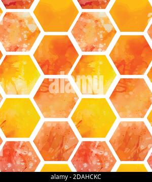Seamless pattern with yellow and orange watercolor honeycombs with splashes on white background. Sweet honey and treats. Vector texture for wallpaper, Stock Vector