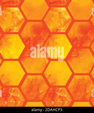 Seamless pattern with yellow and orange watercolor honeycombs with splashes on orange background. Sweet honey and treats. Vector texture for wallpaper Stock Vector