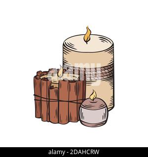 Relax candles. Color sketch with hatching. Wax candles with cinnamon sticks, decoration on white background. Vector spa, relaxation elements for greet Stock Vector