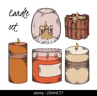 Set of relax candles. Colorful sketch with hatching. Various wax candles with decoration. Vector spa, relaxation elements for card, invitation, banner Stock Vector