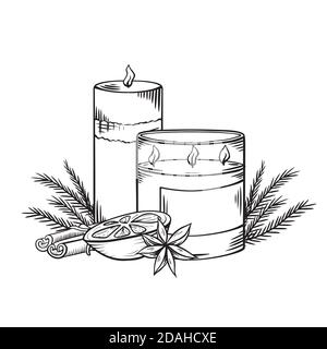 Relax candles. Black and white sketch with shading. Wax candles with juniper twigs, cinnamon and orange slice. Vector spa, relaxation elements, greeti Stock Vector