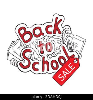 Back to school sale. Contour cartoon doodle lettering with school stationery, books. Special offer and discounts for studying. Vector outline object f Stock Vector