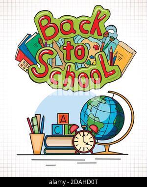 Back to school. Vertical doodle banner with contour illustration of books, globe, watch and lettering on grid background. Study table for the student. Stock Vector