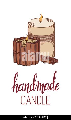Handmade candles. Vertical card with sketch candles, cinnamon sticks, rope decoration and lettering. Hobbies and hobbies. Vector element for postcards Stock Vector