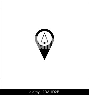 Black map pointer icon with triangle christmas tree on white background, map pin flat design style modern icon, marker sign , navigation, vector Stock Vector