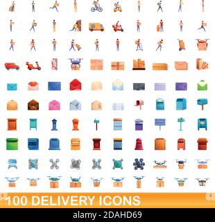 100 delivery icons set. Cartoon illustration of 100 delivery icons vector set isolated on white background Stock Vector