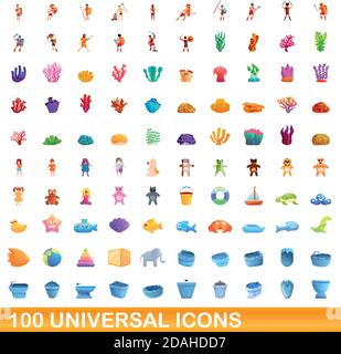 100 universal icons set. Cartoon illustration of 100 universal icons vector set isolated on white background Stock Vector