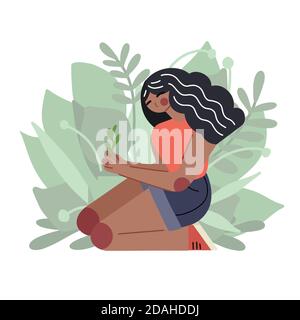 Save the nature. Flat illustration of african girl holding the leaves in her hands on bush background. Nature is in our hands. Vector modern illustrat Stock Vector