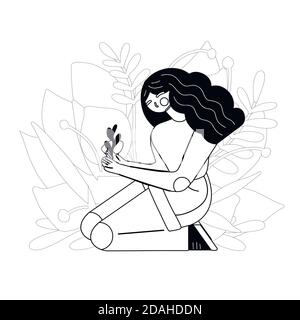 Save the nature. Contour illustration of a girl holding the leaves in her hands. Nature is in our hands. Vector outline illustration for articles, car Stock Vector