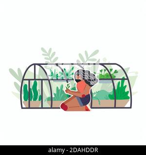 African girl care for home greenhouse with various plants. Glass orangery with flowers and grass. Hobbies and nature interest. Vector flat illustratio Stock Vector