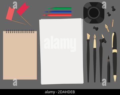 Set of flat stationery top view. Pen, pencils, ink, paper and notebook. Vector elements for banners, cards and your design. Stock Vector