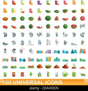 100 universal icons set. Cartoon illustration of 100 universal icons vector set isolated on white background Stock Vector