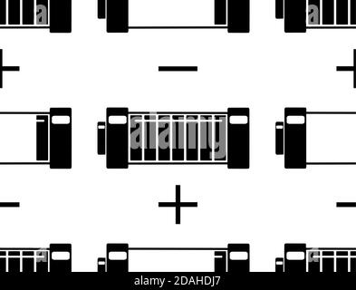 Seamless pattern with black silhouette batteries in a row on a white background with polarity. Charged batteries. Vector textures for wallpapers, back Stock Vector
