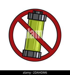 Prohibition of the use of batteries. Cartoon contour illustration of an alkaline battery in a prohibition sign. Danger pollution of nature. Vector ele Stock Vector