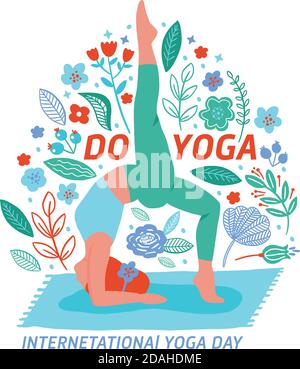Women exercising yoga flat color trend vector seamless pattern on