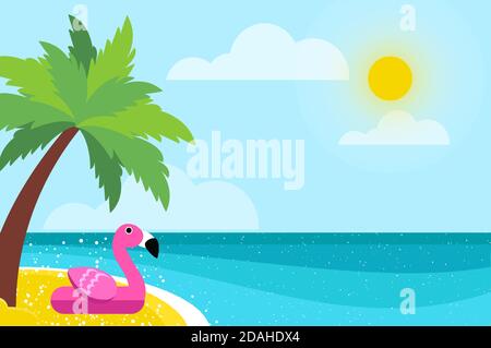 Giant inflatable Pink Flamingo on Seashore.. Float toy on the sunny beach with sand and crystal clear blue sea water. Summer holidays. Sunny days Stock Vector