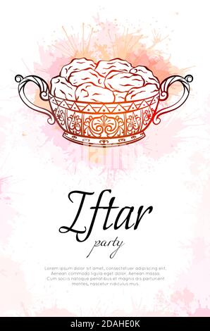 Verticall card with coloring illustration of dates in a luxurious gold vase with watercolor splashes and place for text. Festive treat for Ramadan kar Stock Vector