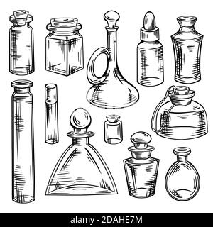 Contour sketch of bottles, flasks and jars with hatching. Containers for perfumes and medicines. Natural medicine. Potions and Alchemy. Vector engravi Stock Vector