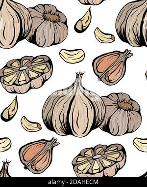 Seamless pattern colorful sketch garlic illustration. Antibacterial product for health. Useful seasoning for cooking. Natural spice. Vector color text Stock Vector