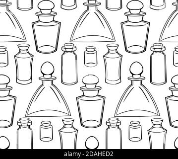 Seamless texture with outline bottles, flasks and jars on a white background. Magical pharmacy objects. Vector contour pattern for fabrics, wallpapers Stock Vector
