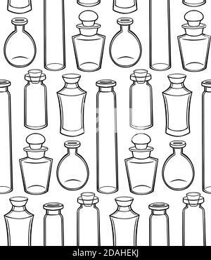 Seamless texture with outline bottles, flasks and jars on a white background. Magical pharmacy objects. Vector contour pattern for fabrics, wallpapers Stock Vector
