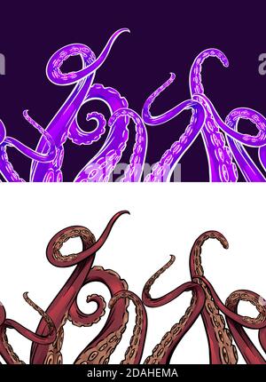 Set of neon seamless border of cartoon silhouette and hand drawn sketches octopus tentacles. Creepy limbs of marine inhabitants. Vector object for fra Stock Vector