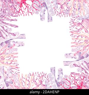 Square frame with cartoon neon corals, reefs and sponge and place for text on white background. Marine life on the seabed. Vector template for cards, Stock Vector