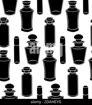 Seamless texture with black silhouette bottles, flasks and jars on a white background. Magical pharmacy objects. Vector pattern for fabrics, wallpaper Stock Vector