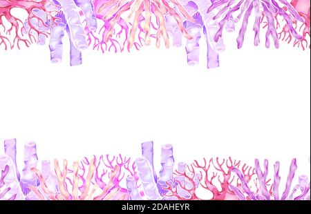 Horizontal frame with cartoon neon corals, reefs and sponge and place for text on white background. Marine life on the seabed. Vector template for car Stock Vector