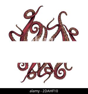 Frame with color cartoon sketches octopus tentacles and place for text. Creepy limbs of marine inhabitants. Vector template for banner, border, card a Stock Vector