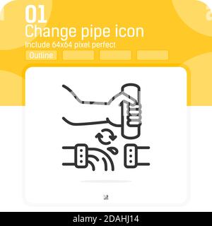 Man change pipe Icon with outline style isolated on white background. Vector illustration line contour sign symbol icon for web, ui, ux, industrial Stock Vector